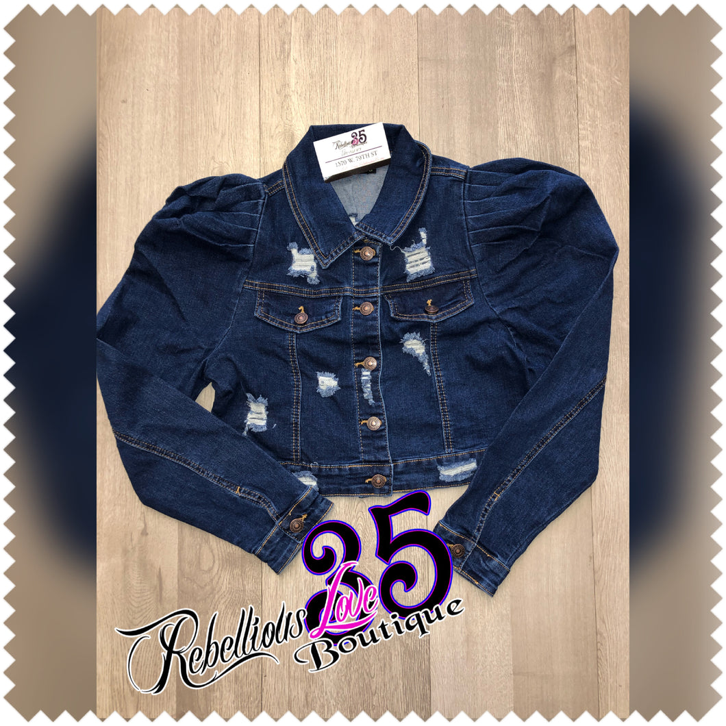 DISTRESSED DENIM PUFF CROP JACKET